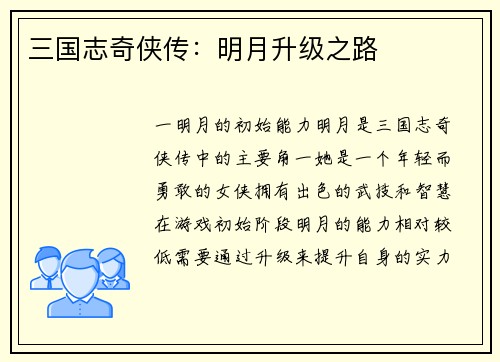 三国志奇侠传：明月升级之路
