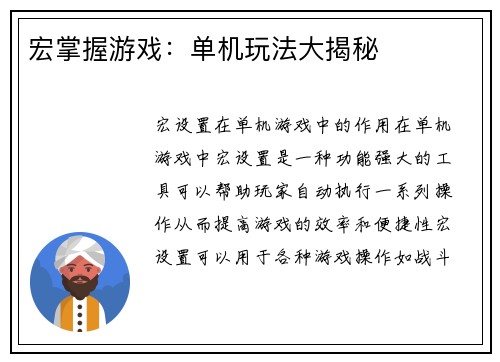 宏掌握游戏：单机玩法大揭秘