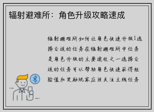 辐射避难所：角色升级攻略速成