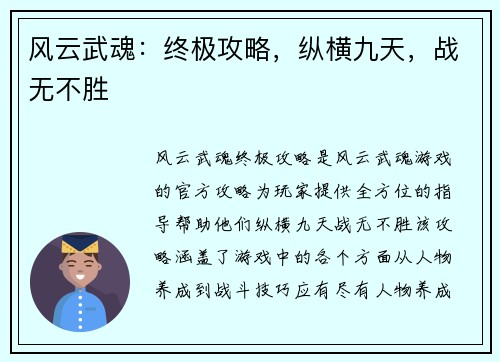 风云武魂：终极攻略，纵横九天，战无不胜